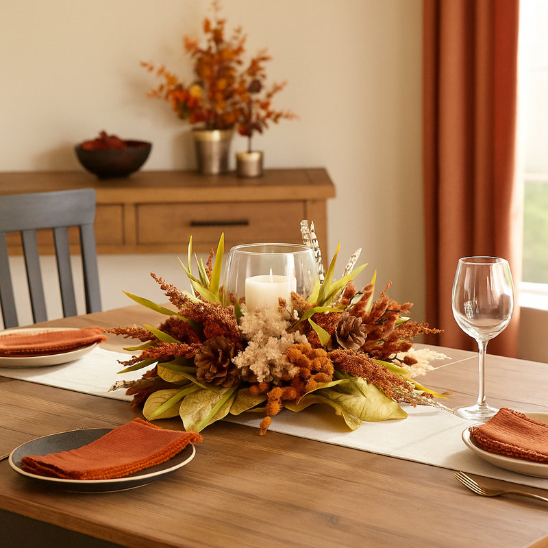 Alma Fall Candleholder Decorated with Pampas, Heather and Pinecone