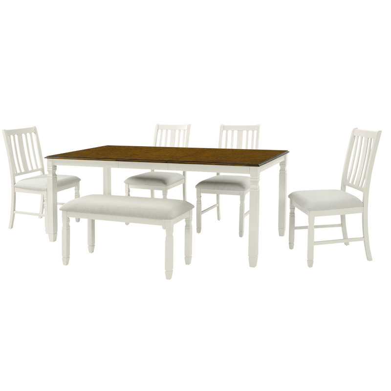 Ensemble de salle à manger extensible 6 pièces, table de campagne en chêne avec 4 chaises et banc rembourrés, brun / beige