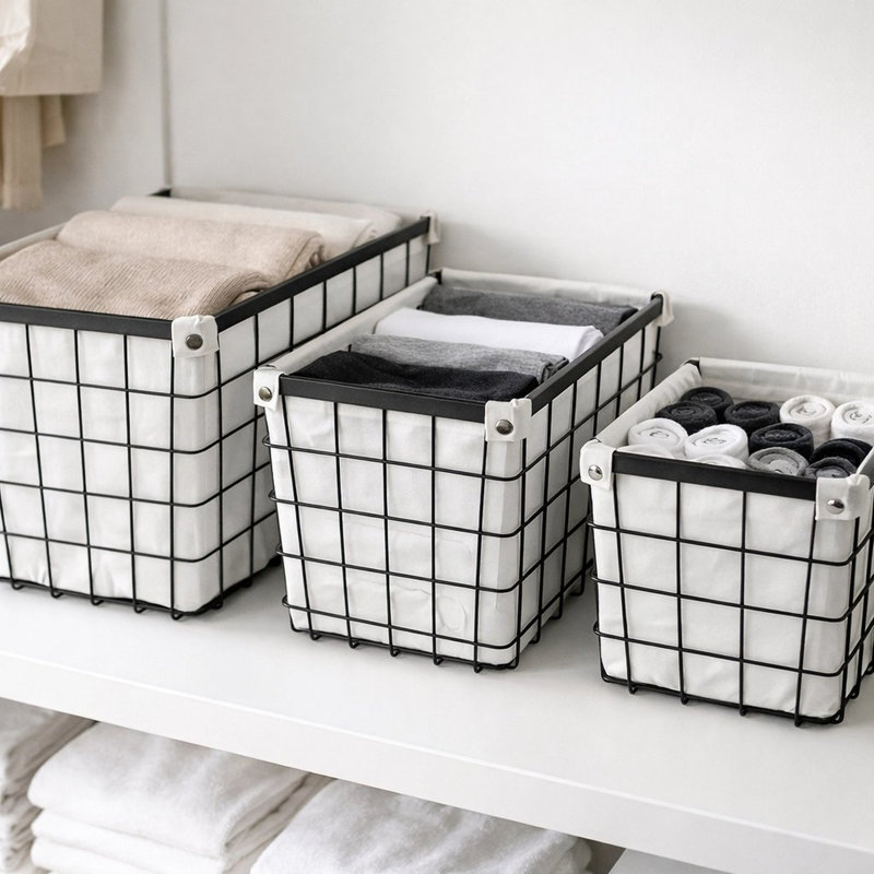  3 paniers de rangement en fil métallique 3 pièces avec doublures en tissu amovibles, ensemble de rangement en métal noir emboîtable, 3 tailles, rangement pour garde-robe de garde-manger