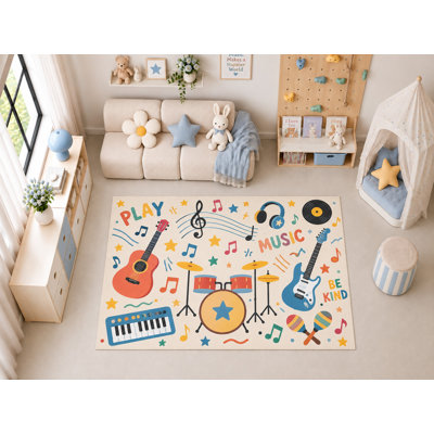 Tapis de sol pour enfants « ultra-fin » 152 x 213 cm (5 pi x 7 pi) avec motifs d'instruments de musique, guitare, batterie et clavier ; idéal pour décorer la chambre ou la salle de jeux ; doux et confortable.