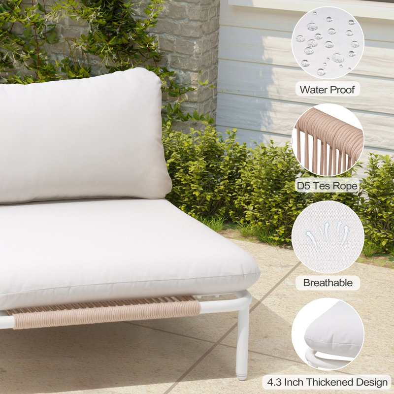4 Person Metal Outdoor Patio Sectional Sofa with Cushions, Beige Cushion/White/Natural Frame