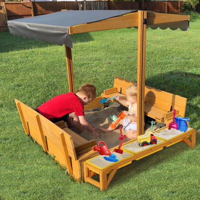 Sandbox With Lid And Cover For Kids Outdoor Sand Box With 3 Toy Bins, 2 Foldable Bench Seats, Adjustable Canopy And Sand Protection Liner, 47.2" L X 47.2" W X 51.9" H