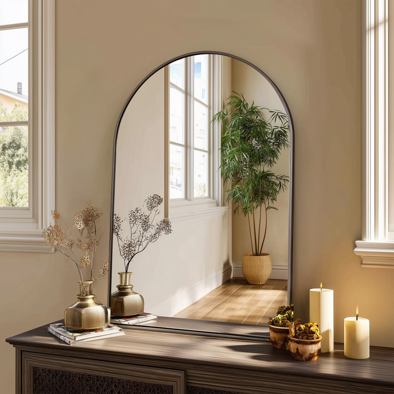 Aluminum Framed Arched Wall Mounted Bathroom Vanity Mirror, Black, 30" x 20"