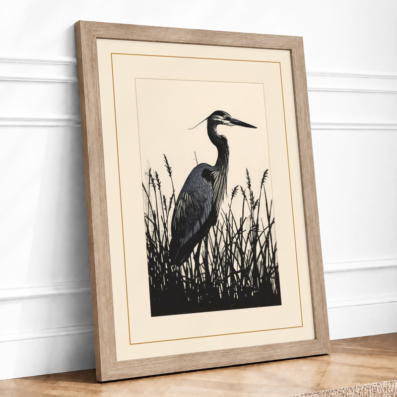 Heron Among Grasses Japandi - Framed Print, A1 - 84.1 x 59.4 cm, Oak