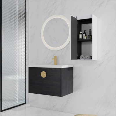 Meuble-lavabo mural de 28 pouces avec lavabo en céramique et armoire latérale, portes à fermeture en douceur pour un rangement silencieux et bien rangé