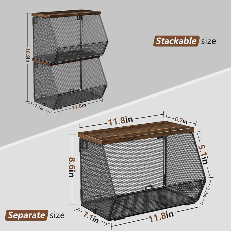 Panier de fruits à 2 niveaux pour comptoir de cuisine, panier de rangement empilable pour oignons et pommes de terre, panier mural en fil de fer avec couvercle en bois, rangement de cuisine suspendu pour légumes