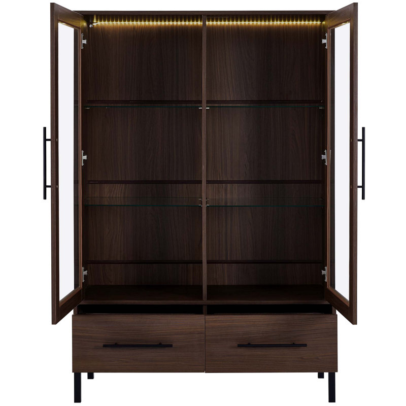 60'' Tall Display Cabinet With Tempered Glass Door, LED Lighting, Two Drawers, Modern Style Storage Cabinet For Living Room, Office & Study