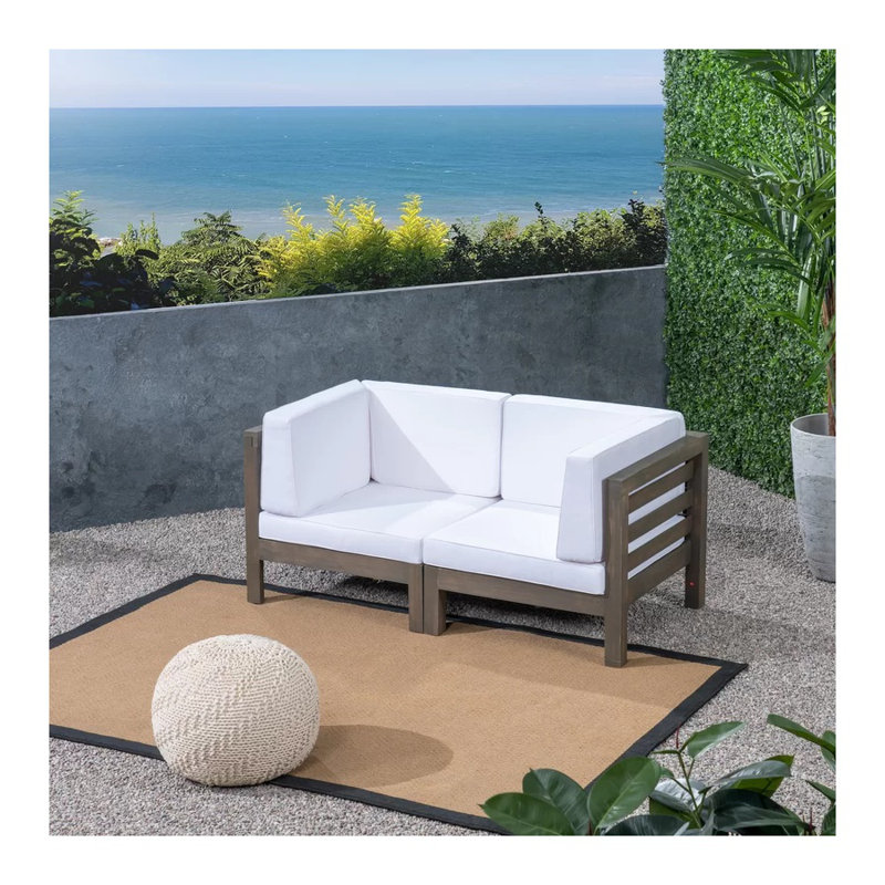 Ensemble de causeuse d'extérieur 2 pièces en bois d'acacia avec coussins blancs Oana, White, Natural Wood