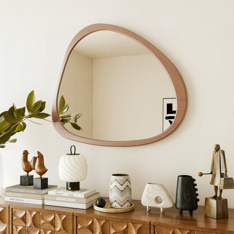 Miroir en bois massif 45 po Miroir mural asymétrique avec cadre en bois et miroir de grande taille, pour salon, chambre à coucher, salle de bain, couloir ou entrée, noyer