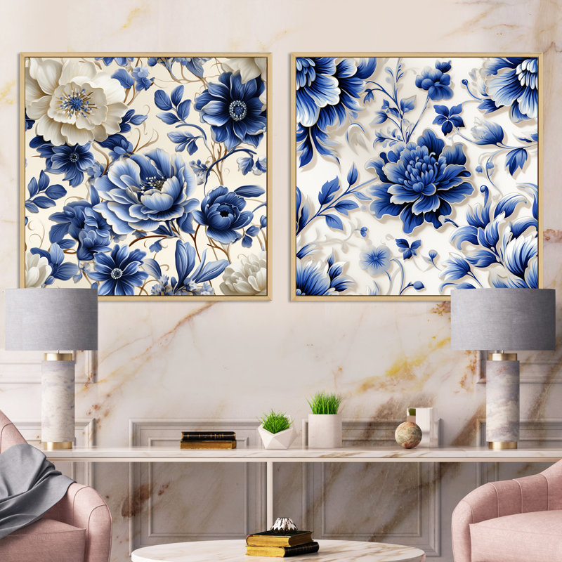 Motif néo-victorien à motif cobalt victorien II - ensemble de collage carré floral de 2, H 16 po x l 33 po
