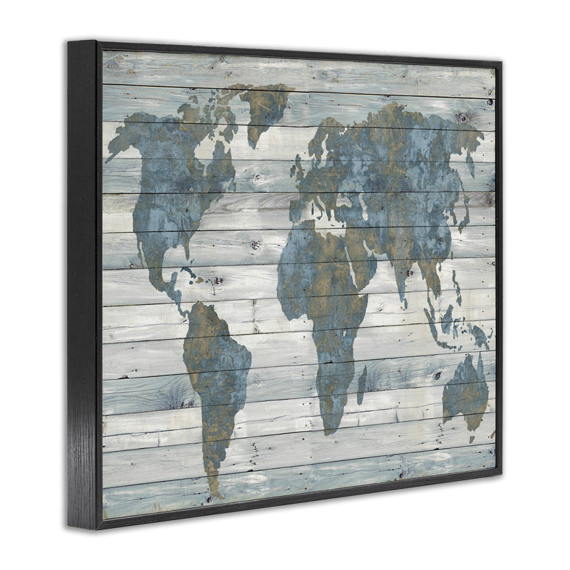 «Slate Planked Look Weathered World Map - Floater Frame», impression, H 14 po x l 11 po, Giclée encadrée noir minuit