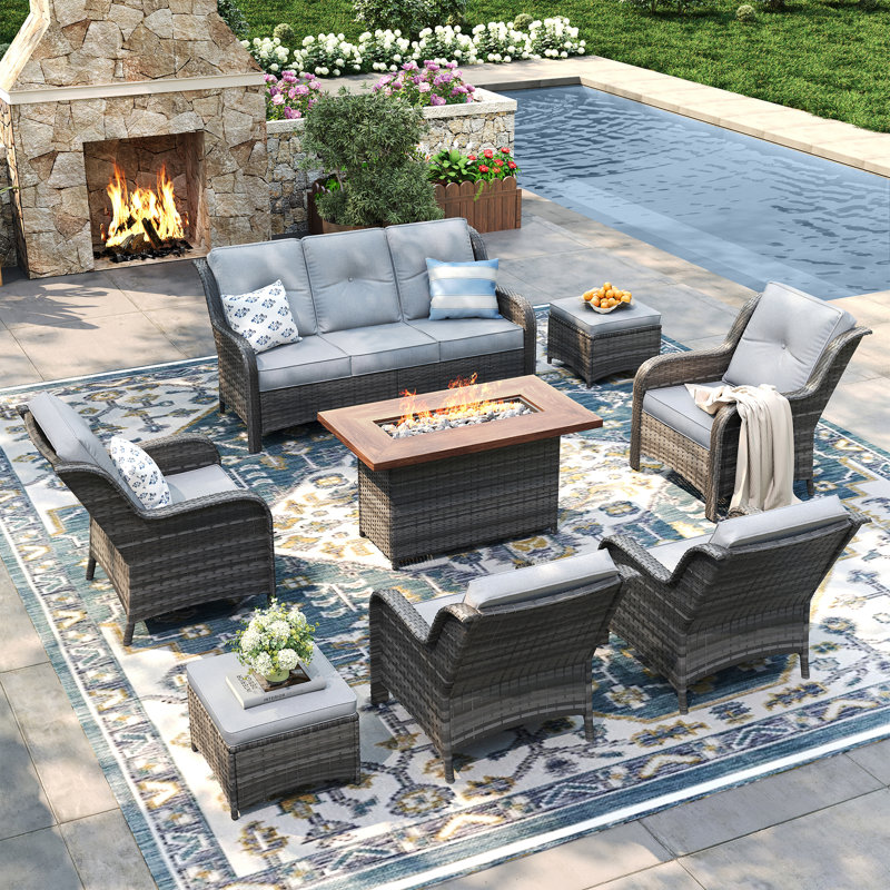 7 - Person Outdoor Wicker Rattan Sofa Fire Pit Seating Group with Cushions, Armrest Chairs, Ottoman, Gray, Gray