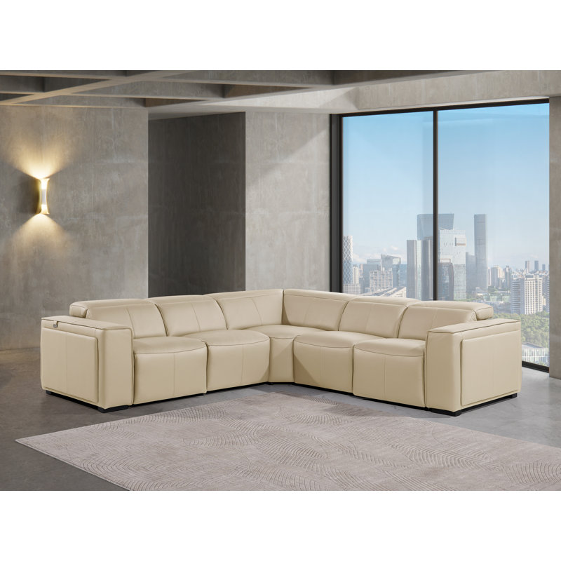 Top Grain Italian Leather 5-Piece L-Shaped Modular Power Reclining Sectional With Power Headrests, Beige Genuine Leather