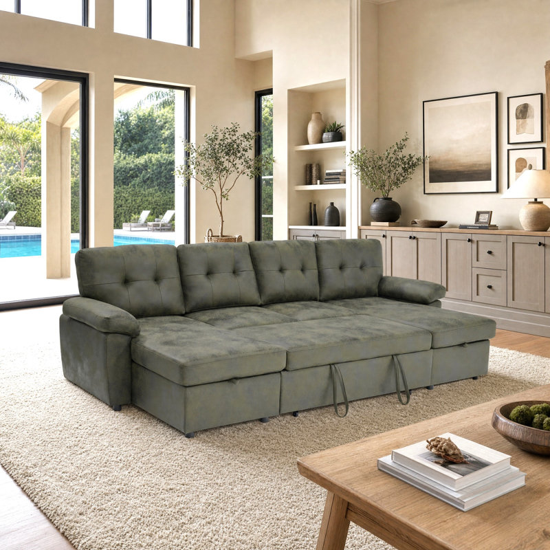 Upholstered 112 " Fabric U-Shaped Sofa Bed, Tissu vert olive