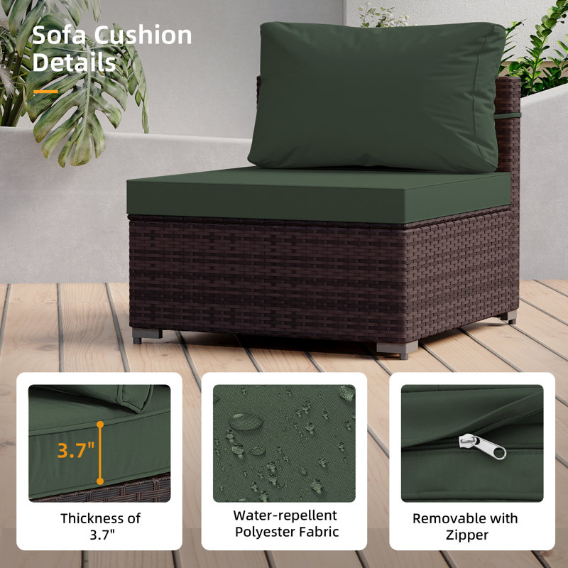 8-Piece Rattan Patio Conversation Set with Cushions and 56-Inch Outdoor Fire Pit Table, Pine Green