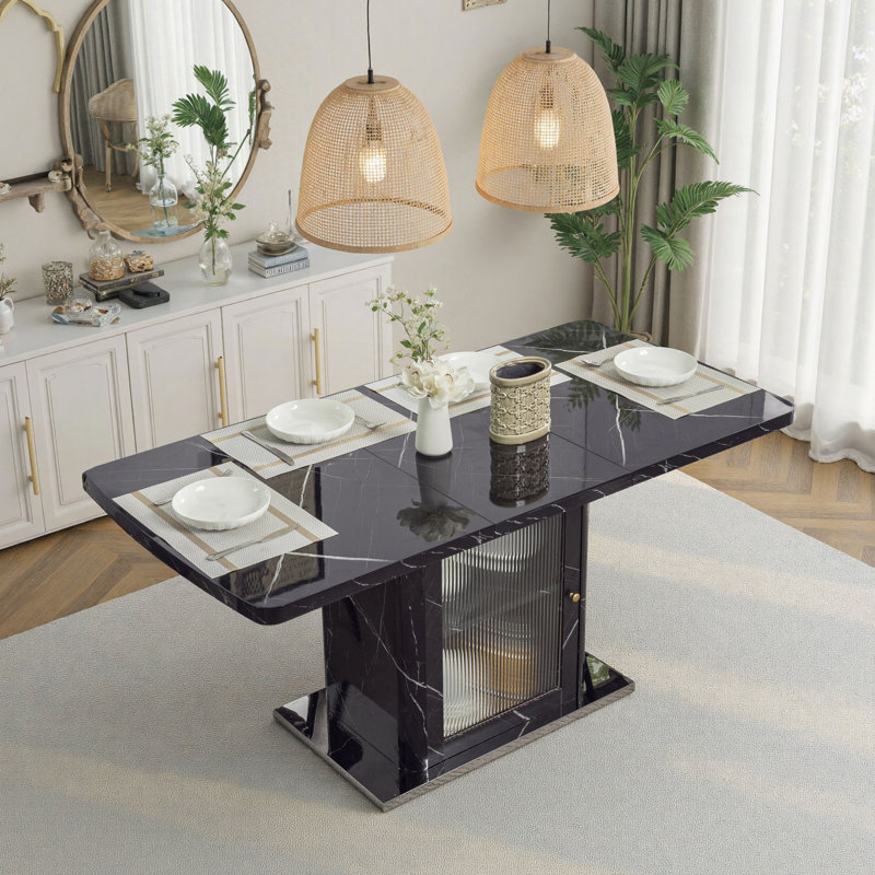 Table de salle à manger 63 "carrée, extensible, avec plateau de table en marbre imprimé et pieds de table de rangement avec base en métal