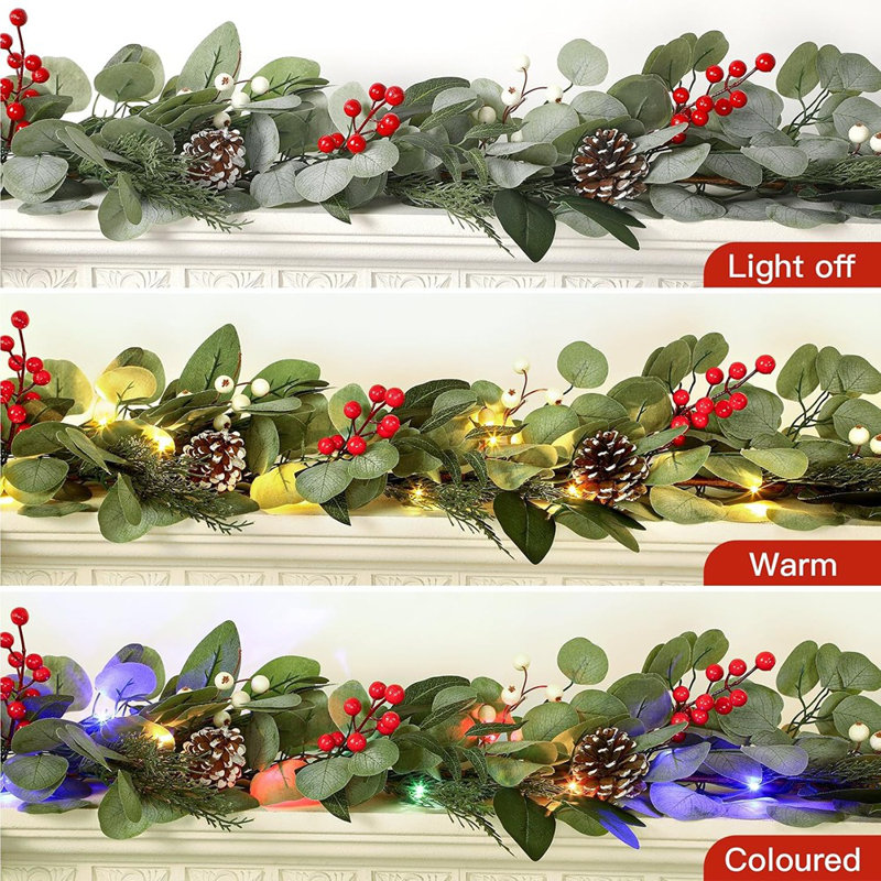 Guirlande de Noël 9 pi avec lumières, lumières multicolores / à piles / minuterie, guirlande de Noël en eucalyptus artificiel éclairé