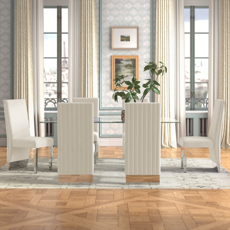 Marcella 6 - Person Glass Top Double Pedestal Dining Set, Cream, Silver