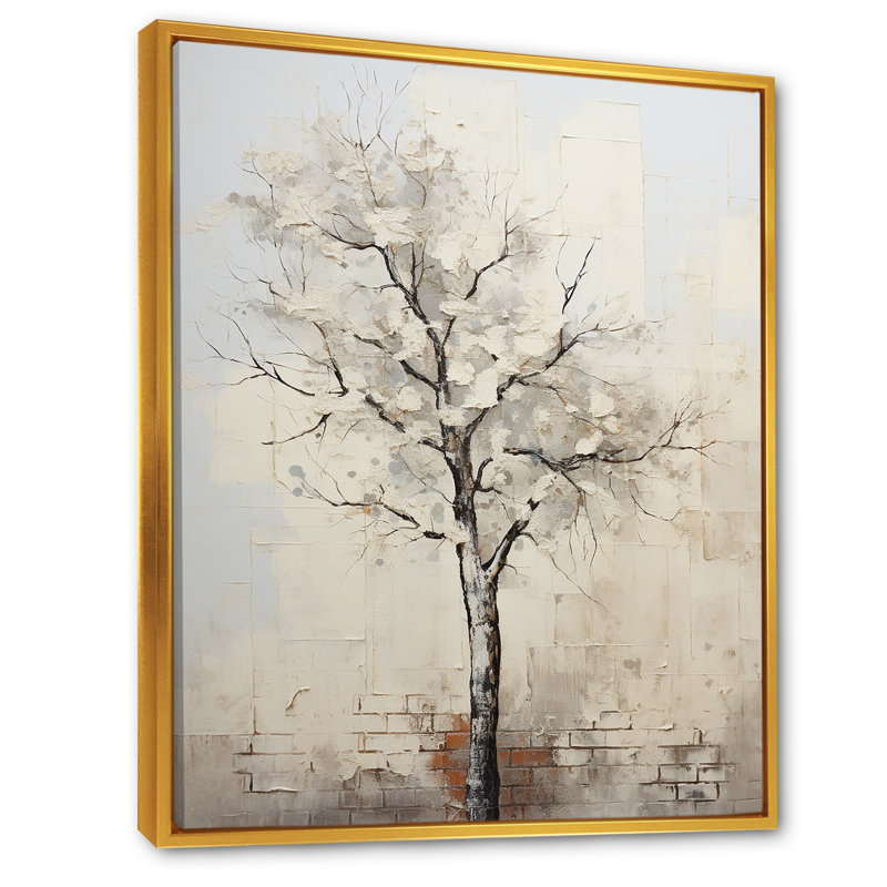 Baobab arbre beige minimalisme III - décoration murale arbre baobab, Cadre flottant doré, H 44 po x l 34 po