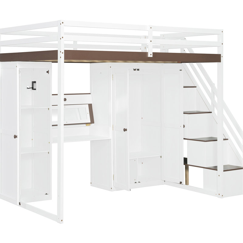 Lit mezzanine double avec escalier de rangement multifonctionnel sous et latéral pour optimiser l'utilisation de la chambre à coucher