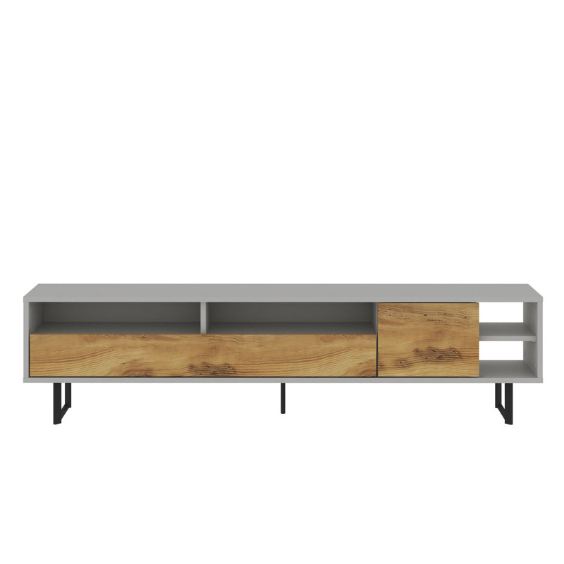Meuble télé moderne avec de nombreuses tablettes, gris et chêne, 70,9 x 17,6 x 11,8 pouces | 100% panneau de particules enduit de mélamine, épaisseur: 0,7 pouce | Conception murale de style scandinave pour les salons élégants et les salles multimédia