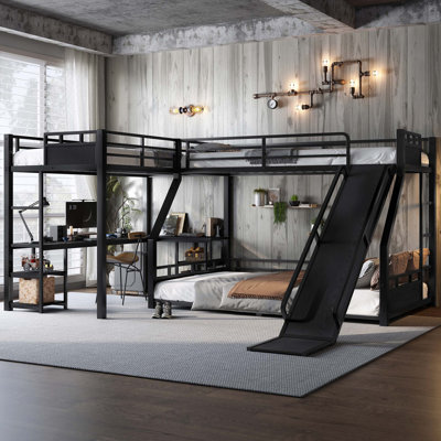 Lit superposé triple en L en forme de L avec glissière intégrée, bureau et charge USB