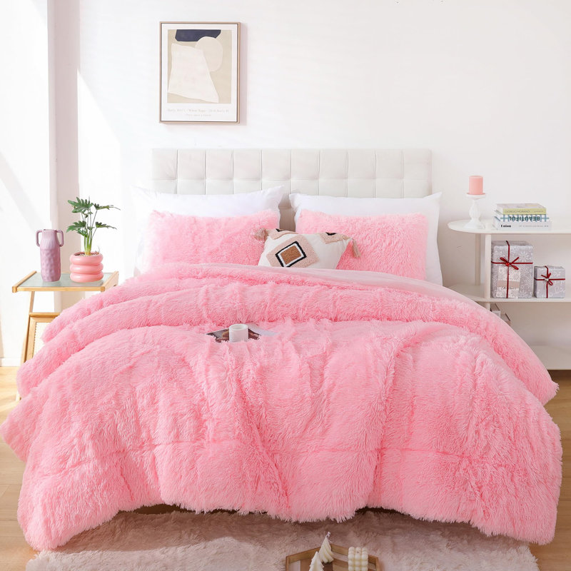 Fluffy Comforter Set 2 Pieces- All Seasons Luxury Fuzzy Comforter With One Pillowcase, Pink