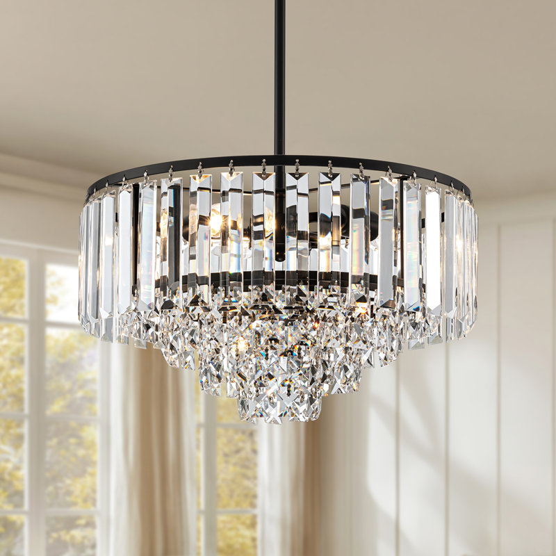 Lustre moderne en cristal à 4 niveaux, Noir mat, 3 lumières