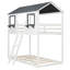 Lit superposé simple au-dessus d'un lit simple en bois avec toit, fenêtre, garde-corps et échelle (blanc)