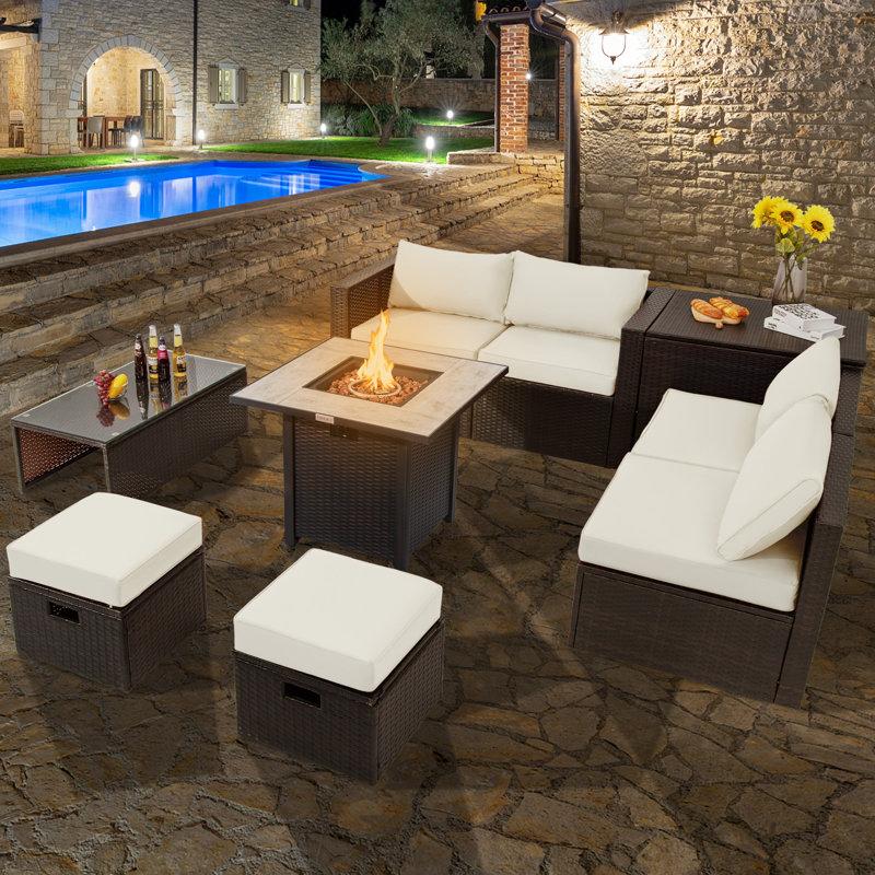 Ensemble de mobilier d'extérieur pour terrasse avec foyer au propane 30 po Jalyza, Blanc cassé