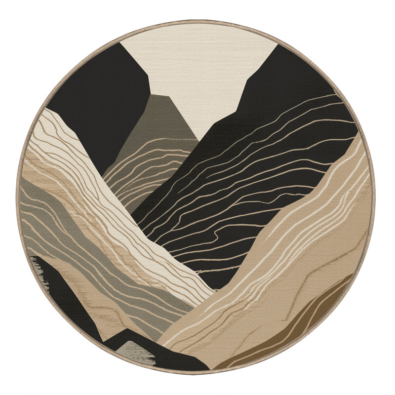 Tapis moelleux moelleux à motif abstrait brun et beige, Rond 7 pi