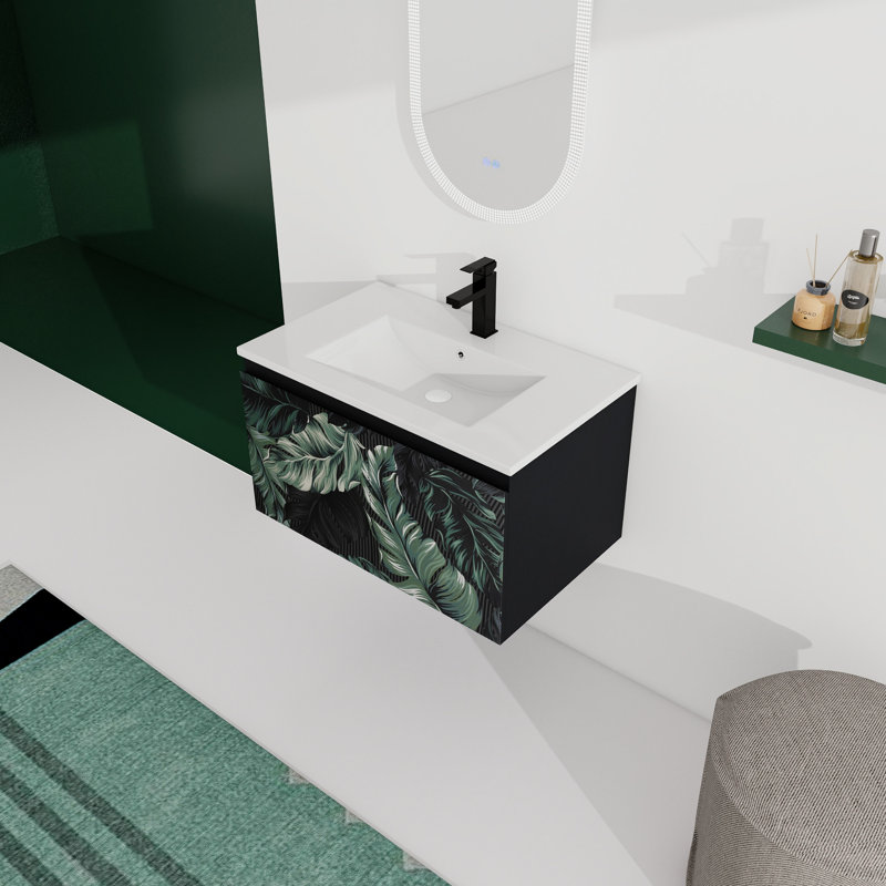 Meuble-lavabo flottant 30 po avec lavabo en céramique. Porte d'armoire à fermeture en douceur. Moderne. Contreplaqué. Noir Bon espace de rangement