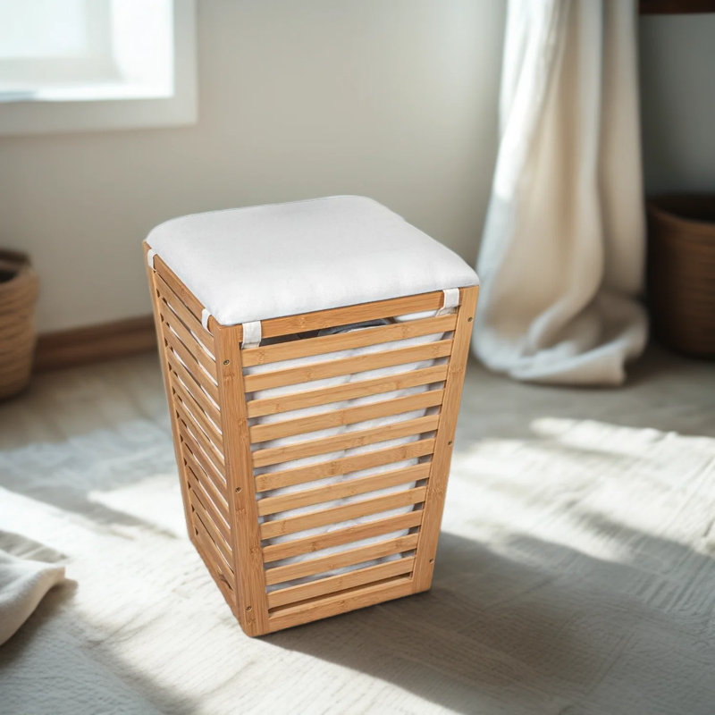 Natural Bamboo Laundry Hamper With Cushioned Lid And Removable Washable Cotton Liner, Stylish Storage Basket For Home