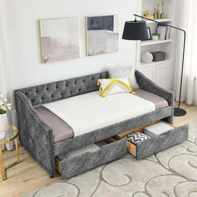 Twin Size Daybed with Drawers Upholstered Tufted Sofa Bed -  Red Barrel StudioÂ®, 2E9101640AAD42CFAD2A1E957B396DC0