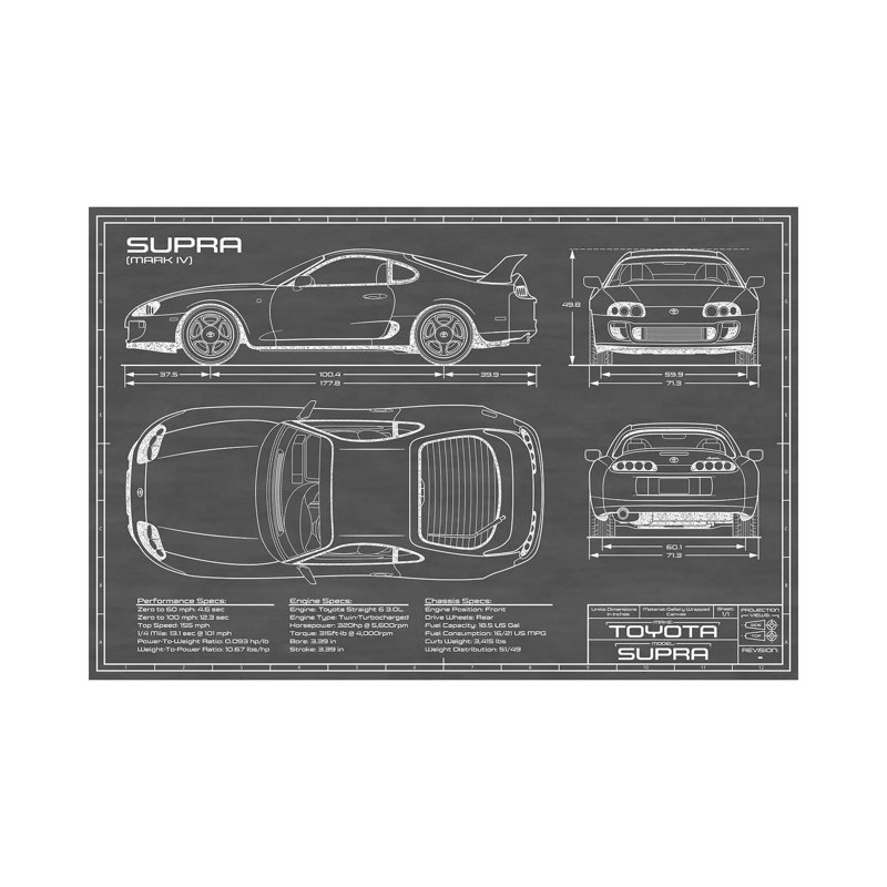 Toyota Supra MKIV by Action Blueprints - Wrapped Canvas Print, 20.32 cm H x 30.48 cm W