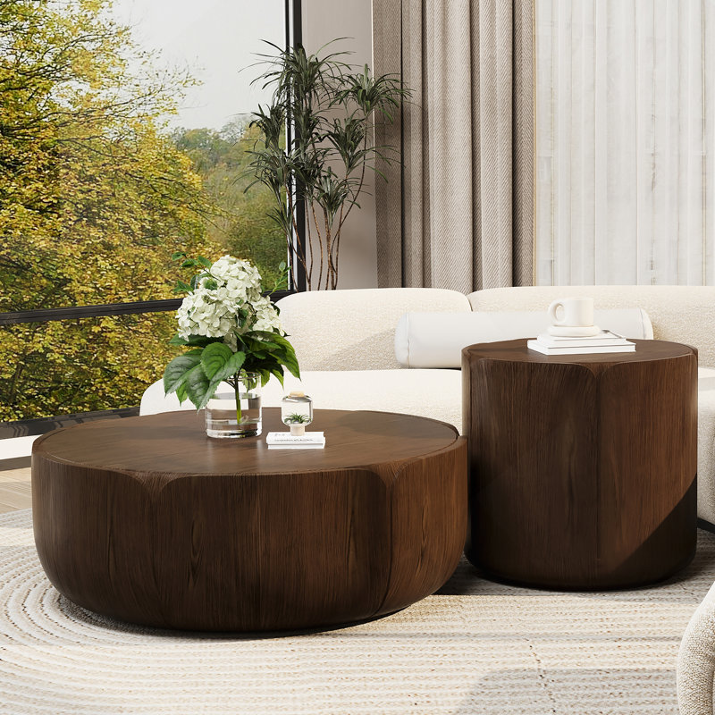 Ensemble de tables basses rondes pour l'intérieur et l'extérieur, ensemble de tables centrales à tambour en grain de bois moderne, imperméable et robuste (sans oxyde de magnésium), table sans assemblage pour patio, jardin, cour et salon (ensemble de 