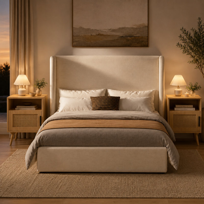 Ensemble de chambre à coucher 3 pièces - Lit plateforme tapissier avec tête de lit à oreilles de 54 po et table de chevet à 2 portes en rotin avec tablette ouverte