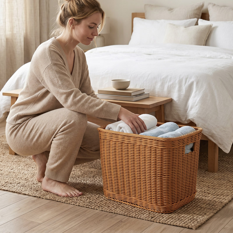 15.4"W x 12"H Rectangular Woven Rattan Storage Basket with Inner Handles - Stylish, Durable & Easy-Clean for Any Room