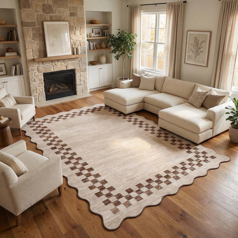 Tapis moderne à motif géométrique drapeau, 120 x 180 cm, beige pâle, pliable, lavable, en velours perle avec envers antidérapant en TPR, idéal pour le salon, la chambre, la salle à manger, l'entrée et la décoration intérieure.