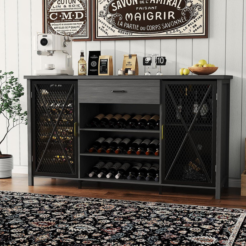 71 Inch Long Coffee Bar Cabinet with Fridge Space, Modern Wood Metal Large Wine Liquor Cabinet with Rack