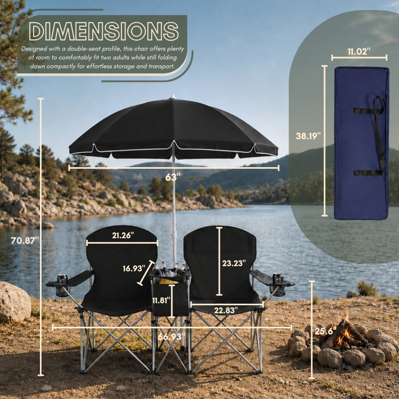 Causeuse d'extérieur avec parasol et glacière intégrée, Noir