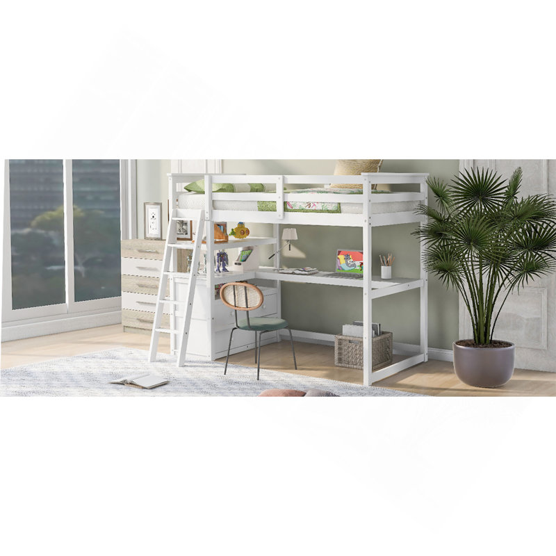 Lit mezzanine simple avec bureau et tablettes, deux tiroirs intégrés, blanc