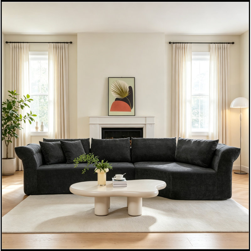 Canapé modulaire avec accoudoir droit, accoudoirs larges et coussins décoratifs, Noir
