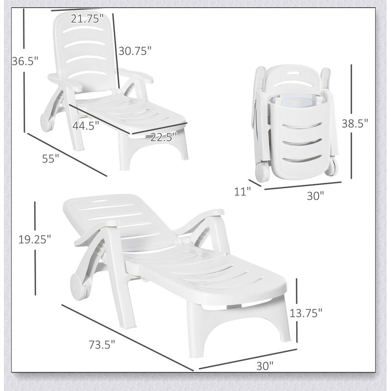White Plastic Folding Outdoor Chaise Lounge with Adjustable Backrest and Wheels