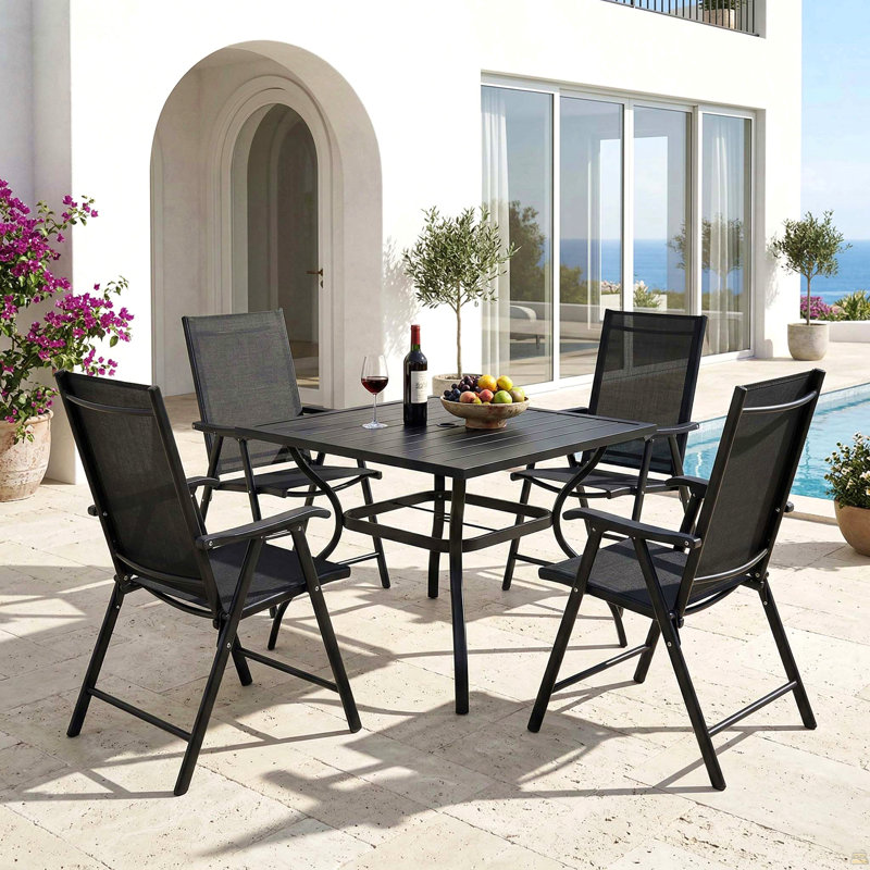 Ensemble de table de salle à manger d'extérieur, table carrée noire en métal de 37 pouces avec 4 chaises pliantes, Noir