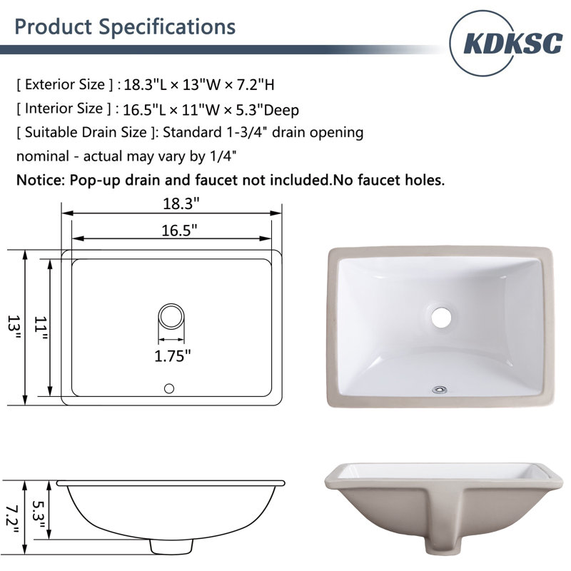 Small Undermount Bathroom Sink 18.3" X 13" Rectangular Undermount Sink Vitreous China With Overflow