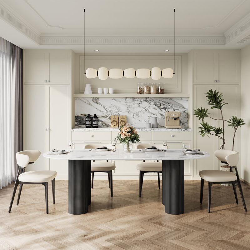 Ensemble de table de salle à manger pour 6 personnes avec table de salle à manger ovale en pierre frittée de 71 po et 6 chaises en similicuir, ensemble de table et chaises de cuisine moderne