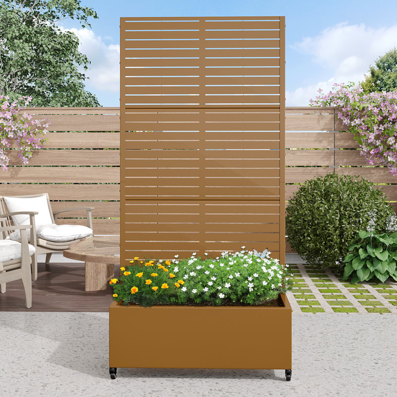 Outdoor Metal Rectangular Individual Planter Box with Trellis for Climbing Plants, 72" H x 35" W x 16" D, Brown