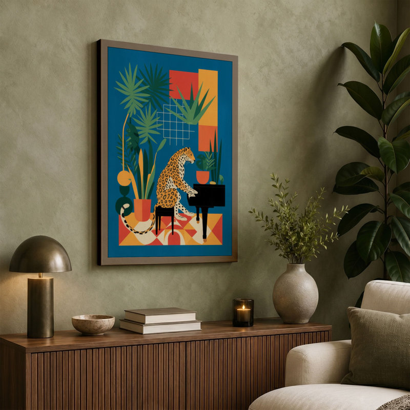 Leopard at the Piano Mid-Century - Wrapped Canvas, 36x24 - 91.4 x 61.0 cm, Teal Border