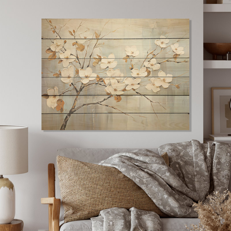 Paix blanche et grise blanche - Bois de cornouiller sur bois de pin naturel, H 10 po x l 20 po